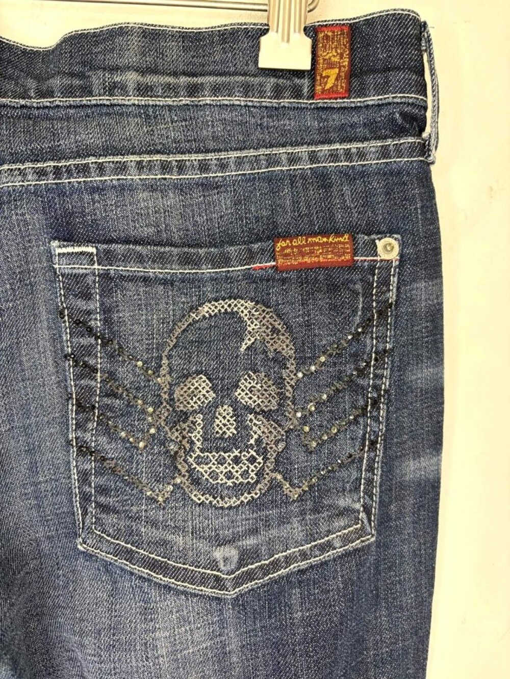 7 FOR ALL MANKIND Bootcut Jeans 28 Y2K Low Rise Cross Stitch Skull Crystal USA